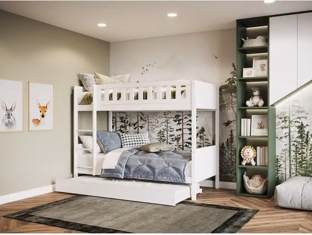 Flair Furnishings Bea White Solid Wood Bunk Bed with Trundle for Children – 1