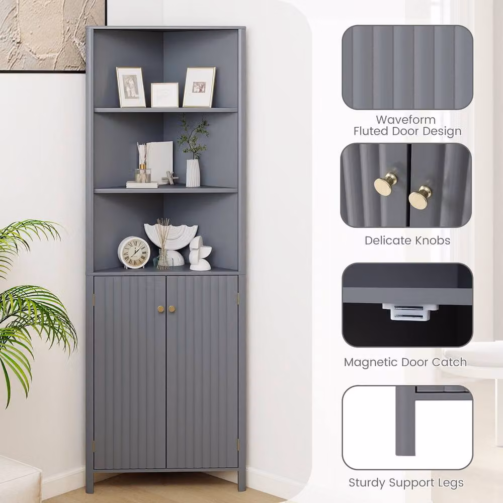 Costway Modern Grey Corner Storage Cabinet with 5 Shelves and Hinged Doors – 8
