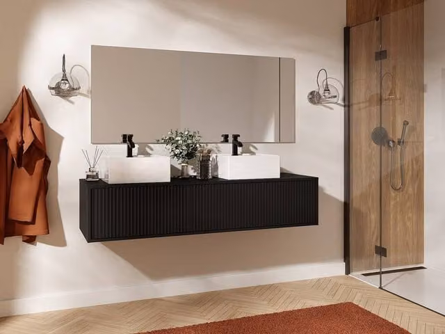 ARNEGA Vente-unique Striped Floating Vanity Unit in Black, W: 150 cm, D: 47 cm, H: 32 cm