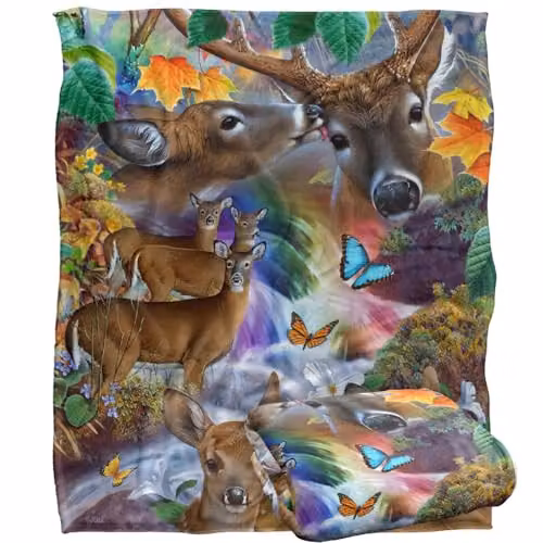 JQ Licensing Forest Stream Deer and Butterflies Super Soft Silky Touch Fleece Throw Blanket in White, W/D/H: 152 x 127 cm – 1