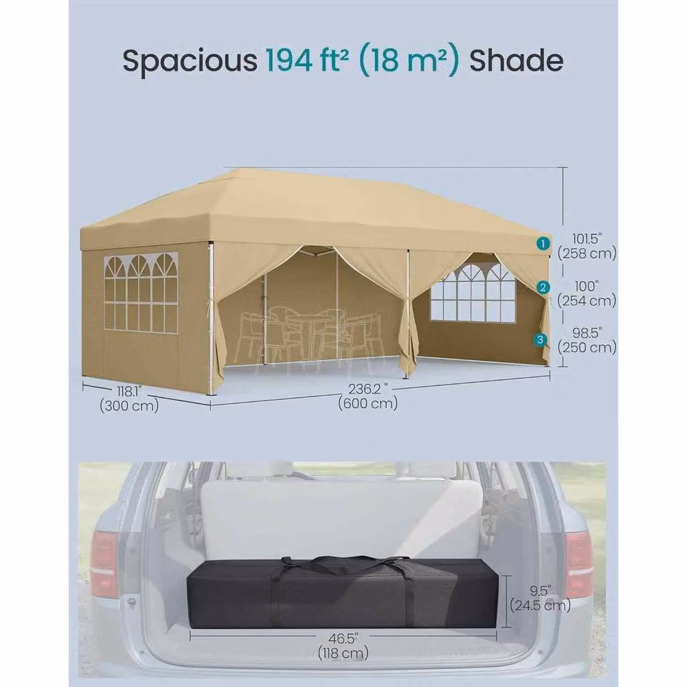 The Bazaarist Pop Up Gazebo with Side Walls, UPF 50+, Beige, W/D/H: 600 x 300 x 258 cm – 3