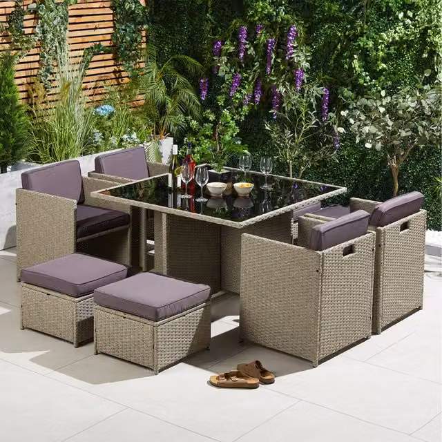 VonHaus Cube Garden Dining Set with Rattan Effect and Glass Top, 4 to 8 Seater, Natural, Black and Grey