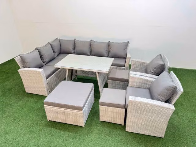 Fimous Garden 11 Seater Outdoor Rattan Furniture Set with 3 Footstools in Light Grey
