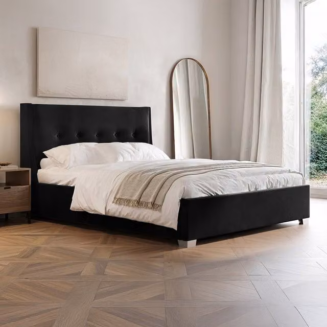 Artemis Black Velvet Upholstered Ottoman Bed with Cushioned Headboard, W: 180 cm, D: 200 cm