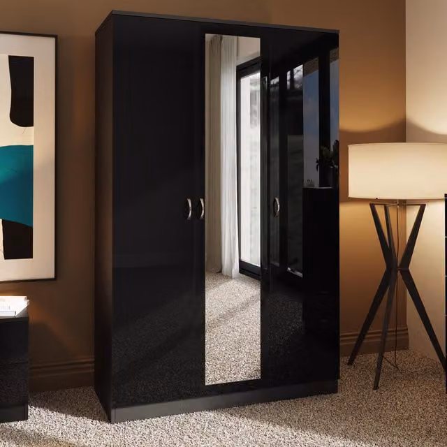 FWStyle Black Gloss 3 Door Triple Wardrobe with Mirrors