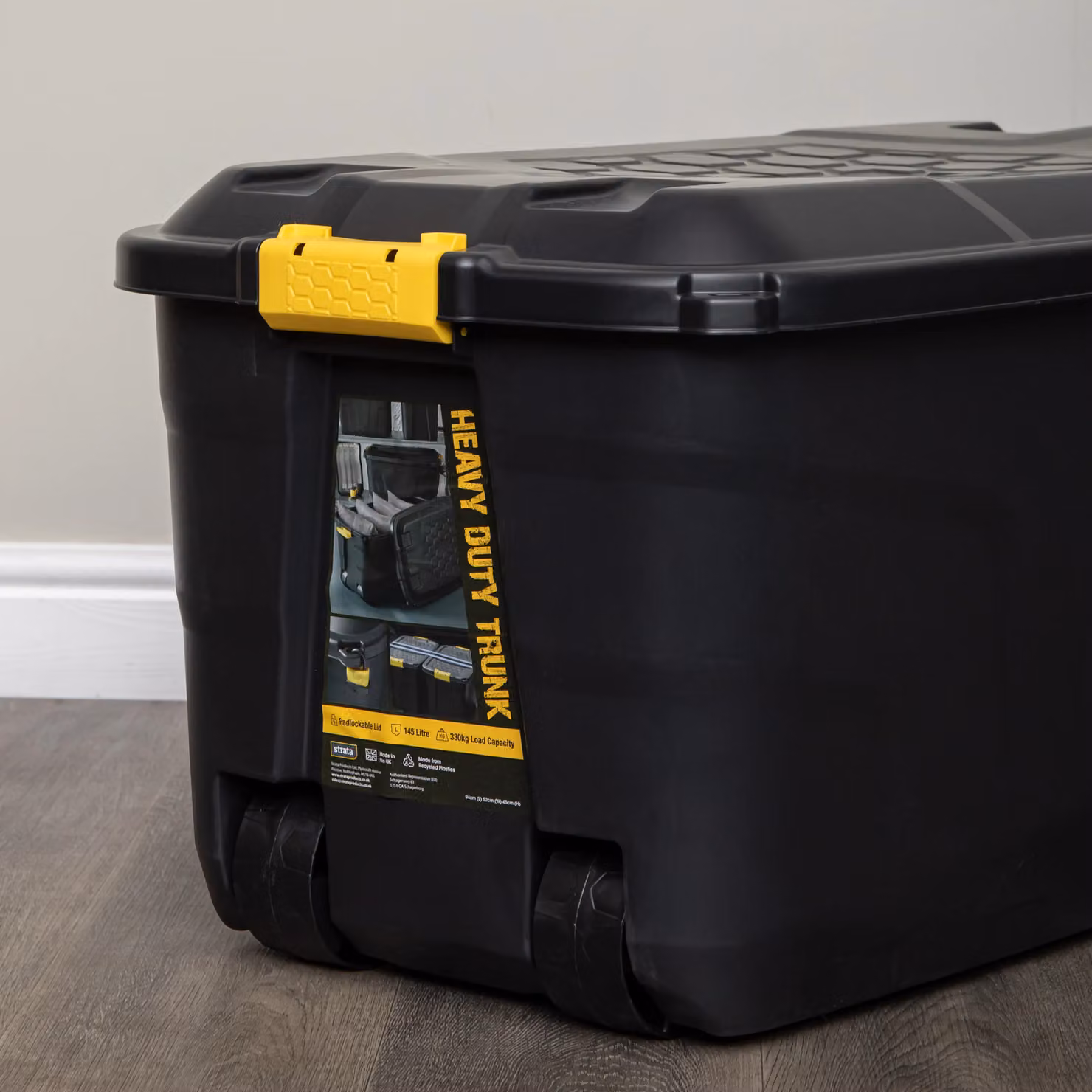 Samuel Alexander 145L Heavy Duty Lockable and Stackable Storage Chest on Wheels with Clips in Black and Yellow – 3