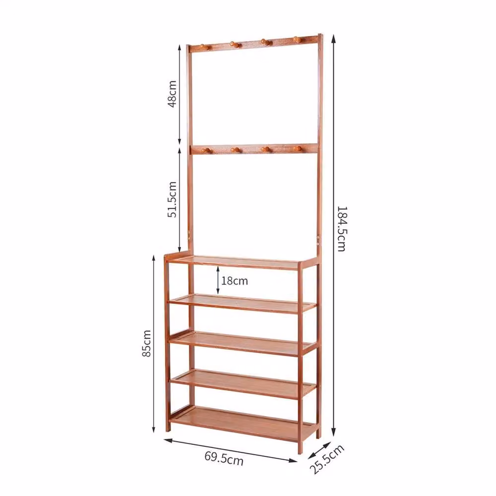 VOGREX Brown Hall Tree with Hat and Coat Stand, Shoe Rack Bench and Shelves – 2
