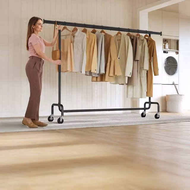 SONGMICS Heavy-Duty Clothes Rack on Wheels, Matt Black Metal Clothes Rail