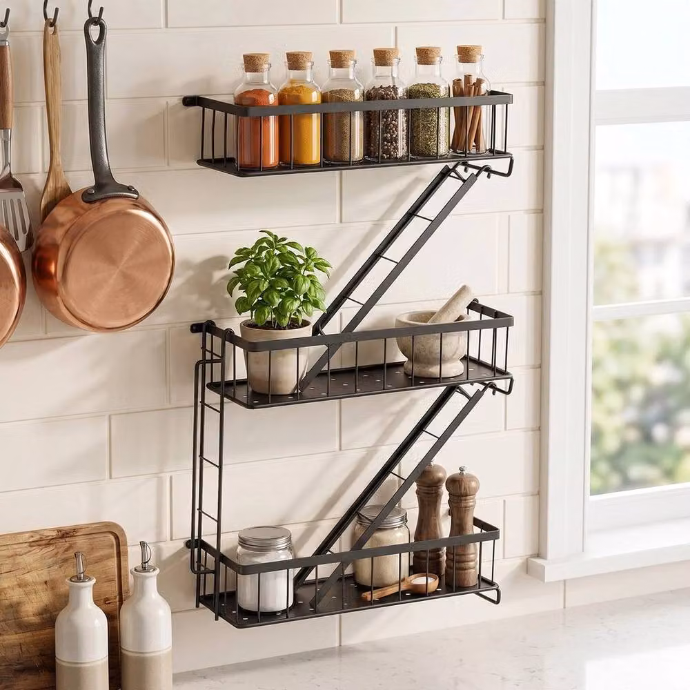 KORVIXA Fire Escape 3 Tier Wall Mounted Floating Shelf Unit in Matt Black Metal, Width: 70 cm – 3