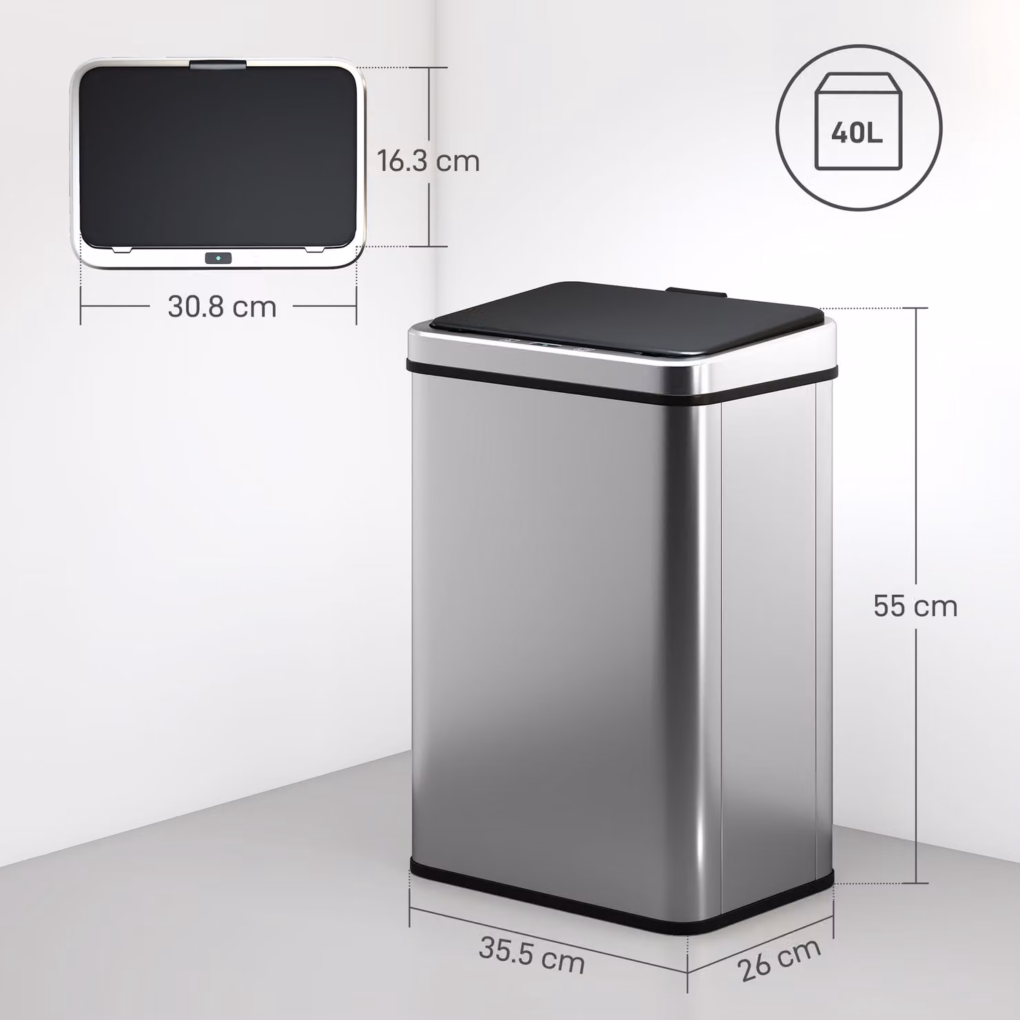 HOMCOM 40L Sensor Bin with Soft-Close Lid and Fingerprint Resistant Stainless Steel in Silver Tone – 3