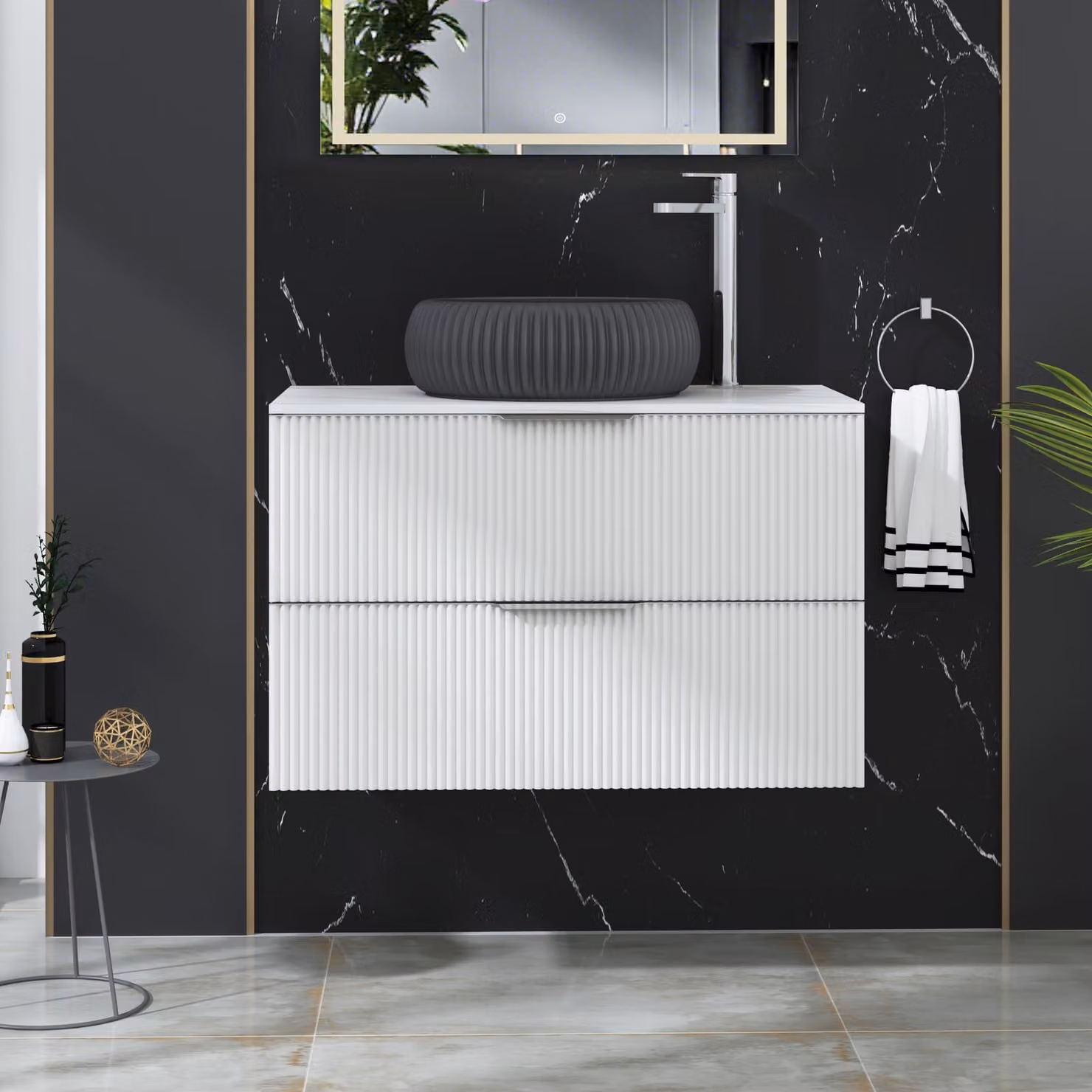 Royal Bathrooms Evora 800mm Matt White Fluted Wall Hung Vanity Unit with 2 Drawers and Milan Black Basin