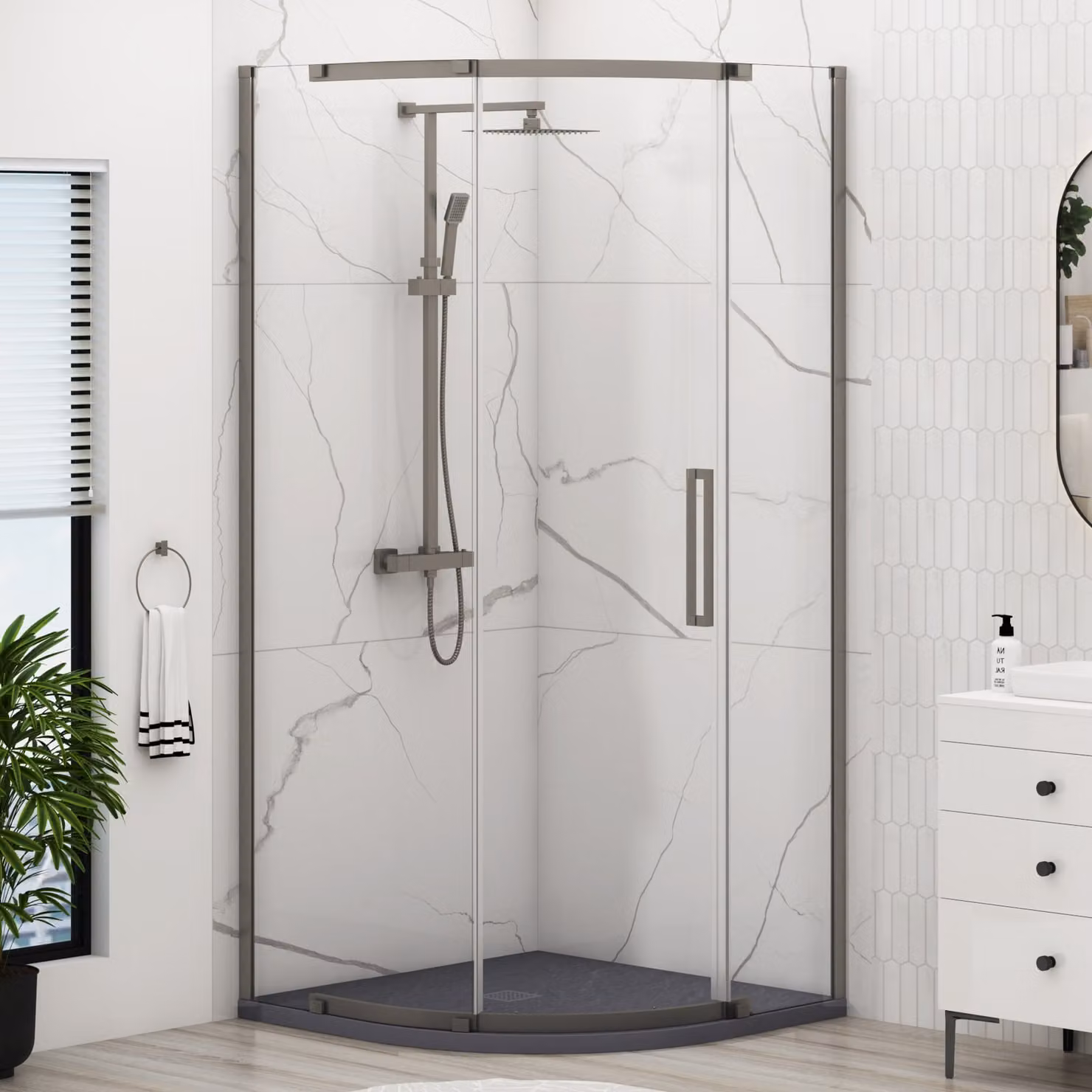 Royal Bathrooms Chelsea Single Door Quadrant Shower Enclosure with Grey Stone Tray, W: 90 cm, H: 195 cm, 8mm Easy Clean Glass, Gun Metal Grey