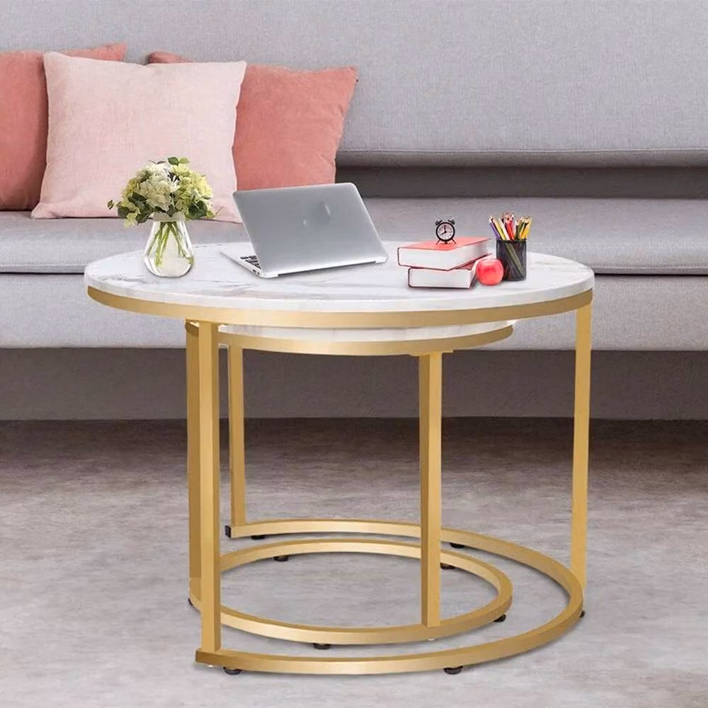 Havendro Round Nesting Coffee Table Set of 2 with Marble Tops and Metal Sled Base in Gold and White – 2