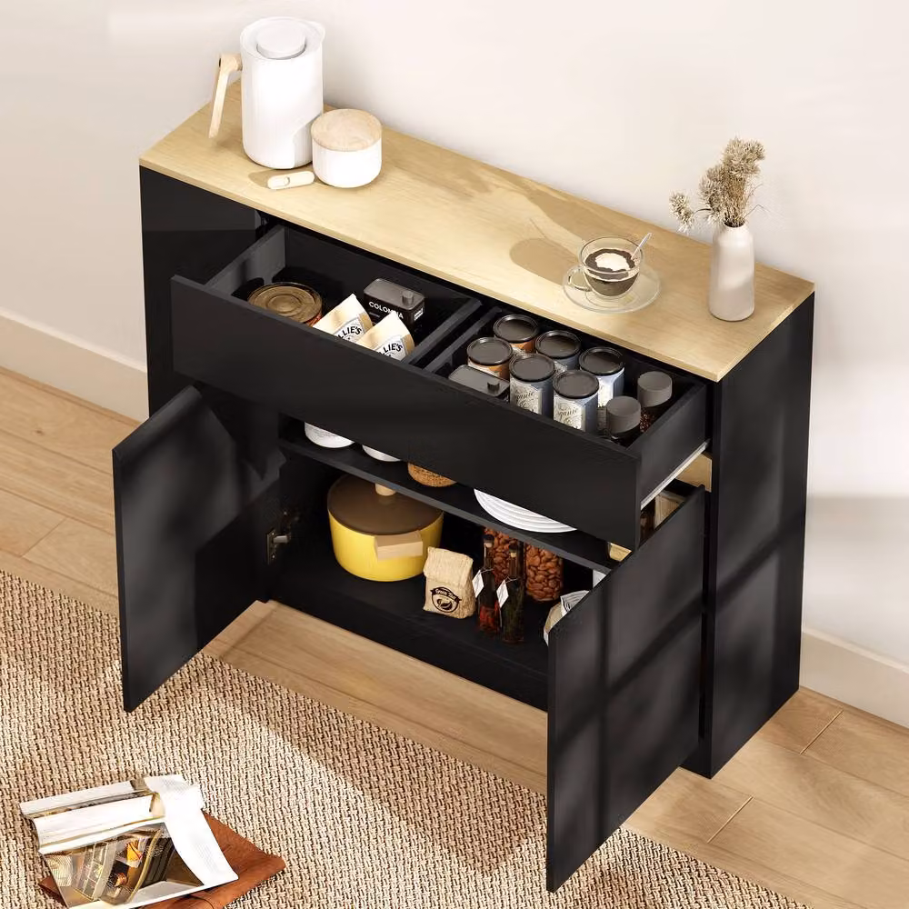 STILVORA Modern Kitchen Island in Black with 2 Doors, 1 Drawer and 3 Open Shelves, H: 110 cm, W: 82 cm, D: 29.5 cm – 8