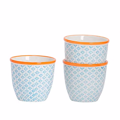 Nicola Spring Hand Printed Floral Ceramic Plant Pots, Blue and Orange, Pack of 3, W/D/H: 14 x 14 x 12.5 cm