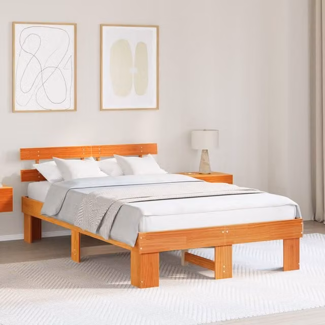 Berkfield Home Solid Wood Pine Bed Frame with Headboard in Wax Brown W/D/H: 120 x 200 x 73 cm