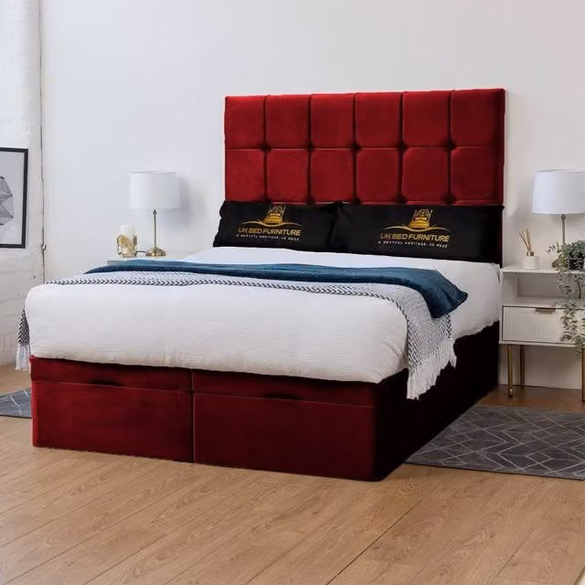 UK Bed Furniture Florence Divan Ottoman Storage Bed with End Lift and 54 Inch Headboard in Red Velvet, W/D/H: 120 x 200 x 137.16 cm