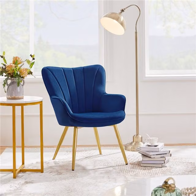 Yaheetech Mid-Century Blue Velvet Upholstered Tub Accent Chair with Armrests