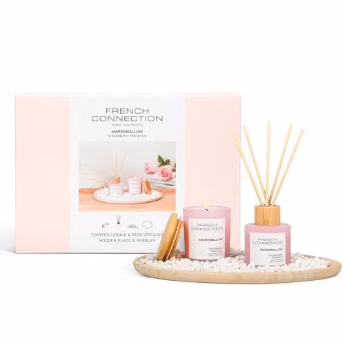 French Connection Marshmallow Home Fragrance Gift Set in White and Pink with Scented Candle, Reed Diffuser, Wooden Plate and Pebbles