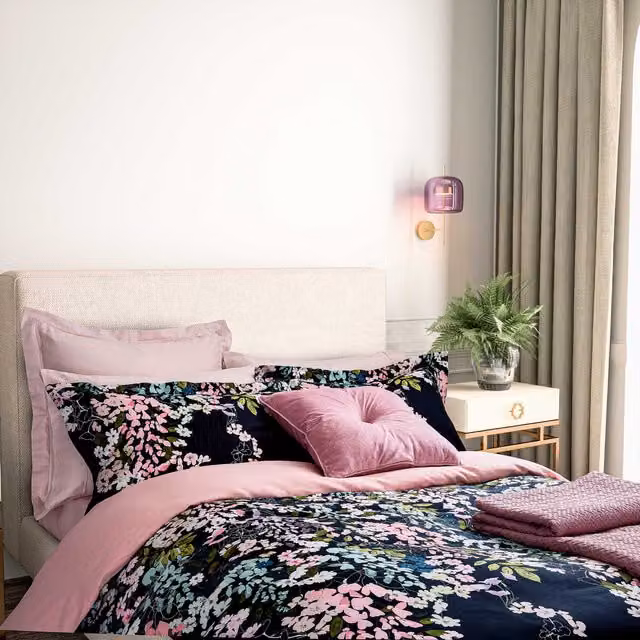 Ted Baker Wisteria Reversible Cotton Mako Satin Duvet Cover and Pillowcase Set, Blue and Pink, W/D/H: 180 x 200 cm – 1