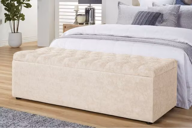 R&M Furnishers Chesterfield Naples Velvet Upholstered Ottoman Storage Box in Brown and Cream