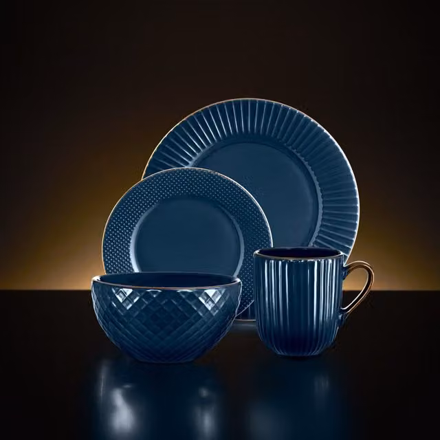 Tower 16 Piece Blue and Gold Stoneware Dinner Service Set