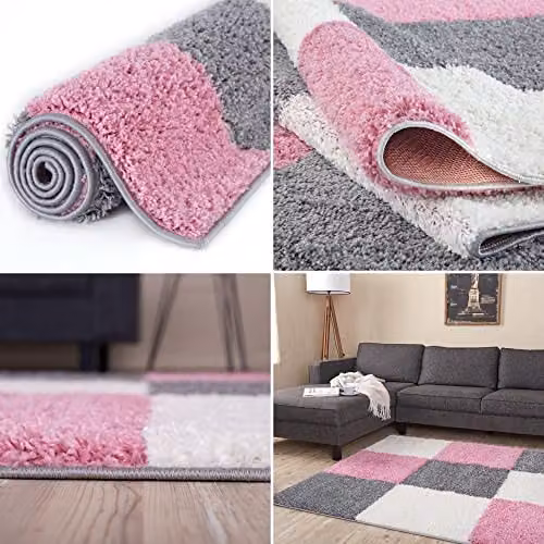 THE RUGS Modern Checked High Pile Shaggy Area Rug in Pink and Grey, W: 160 cm, D: 230 cm – 4