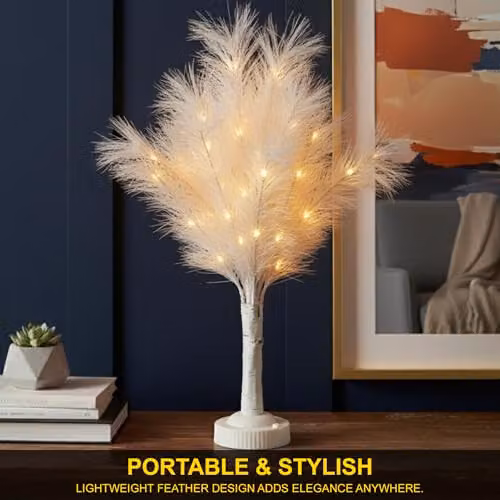 Shatchi 2-Piece White Feather Tree Table Lamp with Warm White LEDs, Height: 70 cm – 5