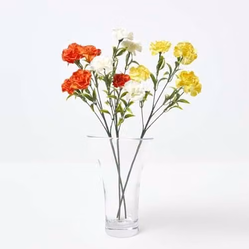 HOMESCAPES Set of 3 Realistic Artificial Carnation Flowers in Yellow, White and Red, Height: 55 cm – 1