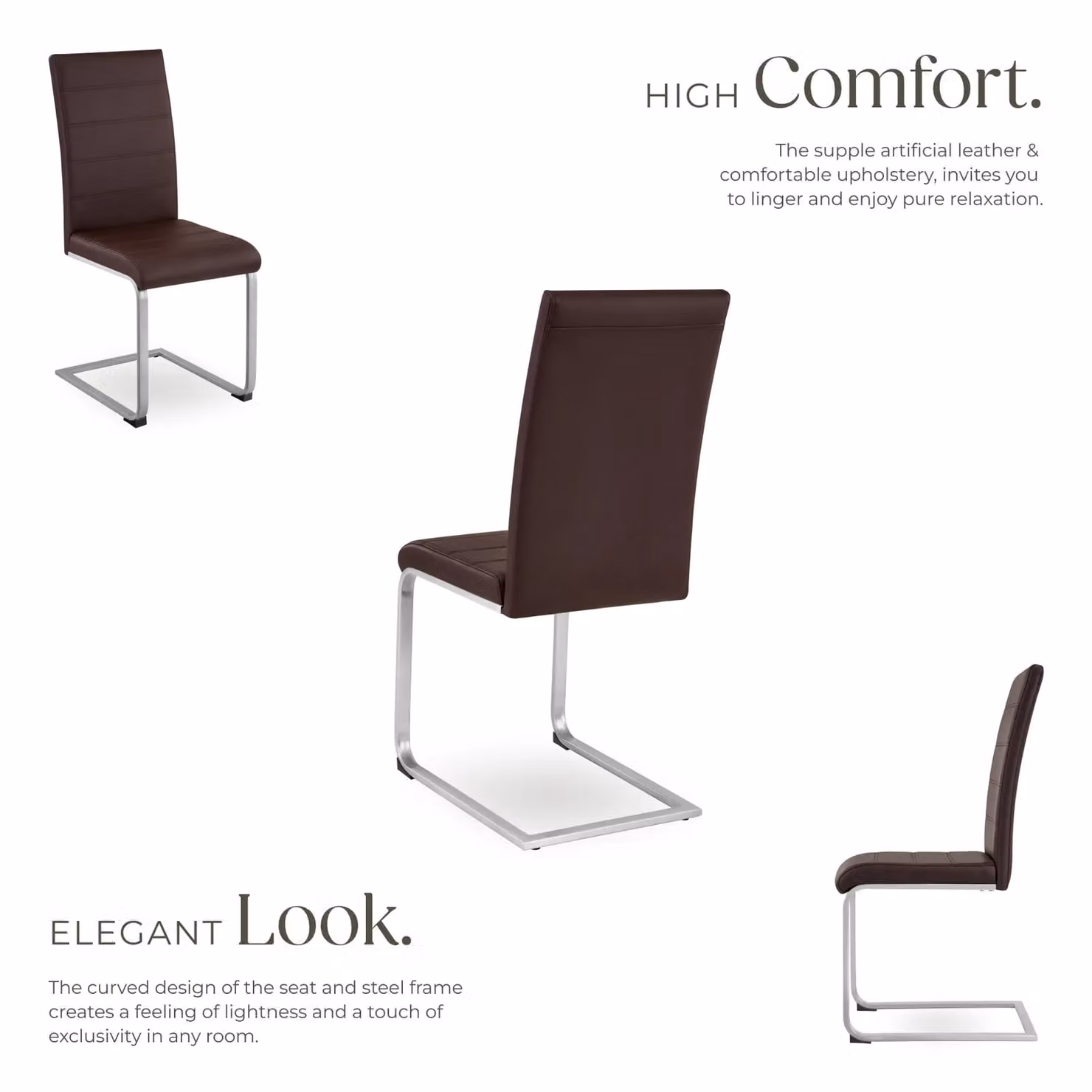 tectake Bettina Set of 4 Dining Chairs in Brown Synthetic Leather with Metal Cantilever Base – 3