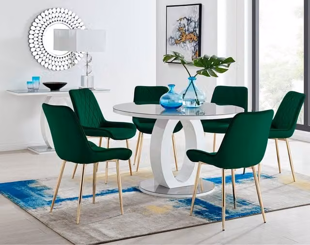 FurnitureboxUK Giovani Round Grey Glass Dining Table with 4 Green Pesaro Gold Leg Chairs, Diameter: 120 cm