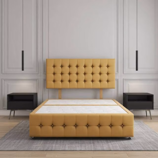 Regional Furnishings Super King Divan Bed Base with 24 inch Headboard and 12 inch Footboard in Yellow Velvet Fabric