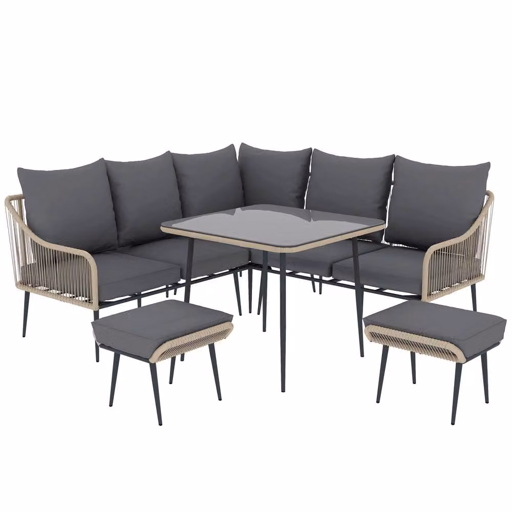 Wyld Haus Nofise 6 Piece Rattan Style Garden Sofa Set with Coffee Table and 2 Stools in Light Brown – 2
