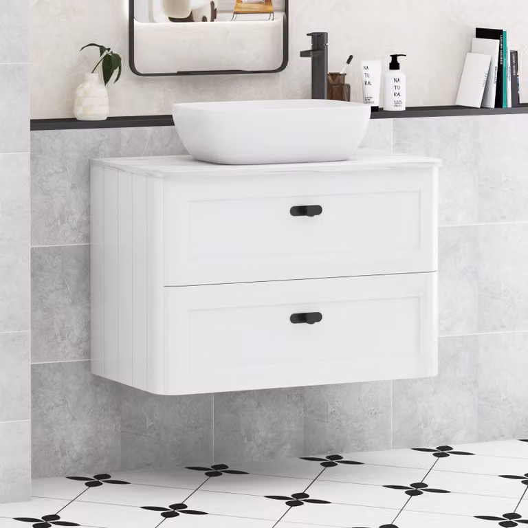 Royal Bathrooms Henley 800mm Gloss White Wall Hung Vanity Unit with Elva Basin and Matt Black Knob