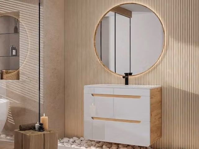 Vente-unique Suspended Bathroom Furniture with Built-in Ceramic Basin in White and Light Oak, W/D/H: 80 x 46 x 59 cm