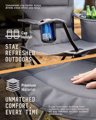 Voyager 2 Pack Folding Camping Chairs with Armrests and Cushions in Black and Grey – 3