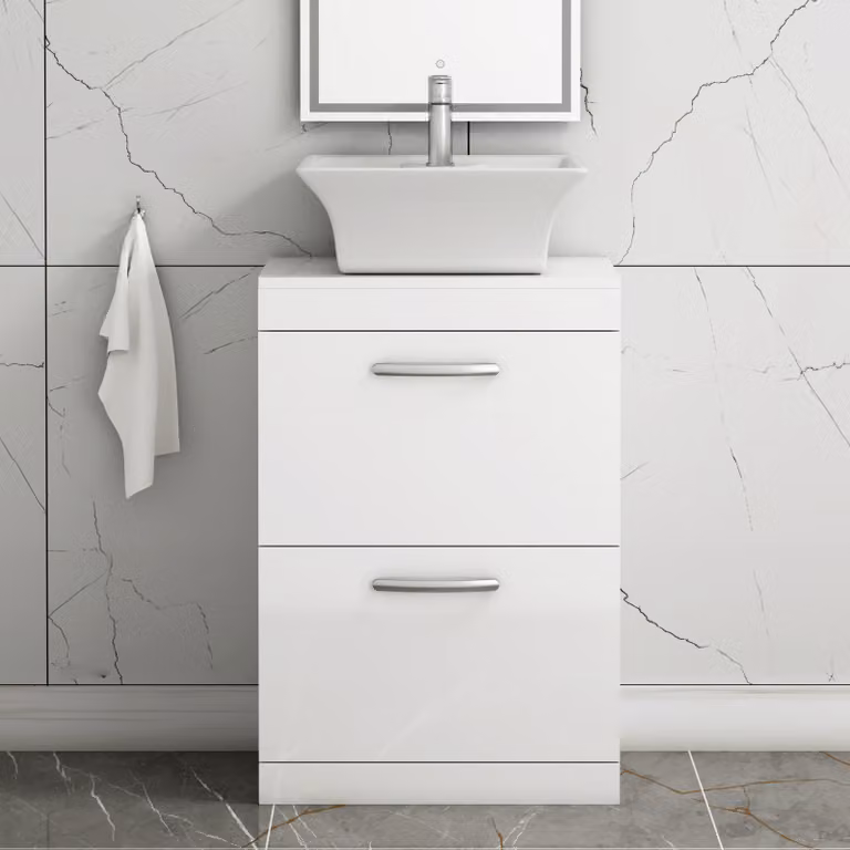 Royal Bathrooms Turin 600mm Floor Standing 2 Drawer Gloss White Vanity Unit