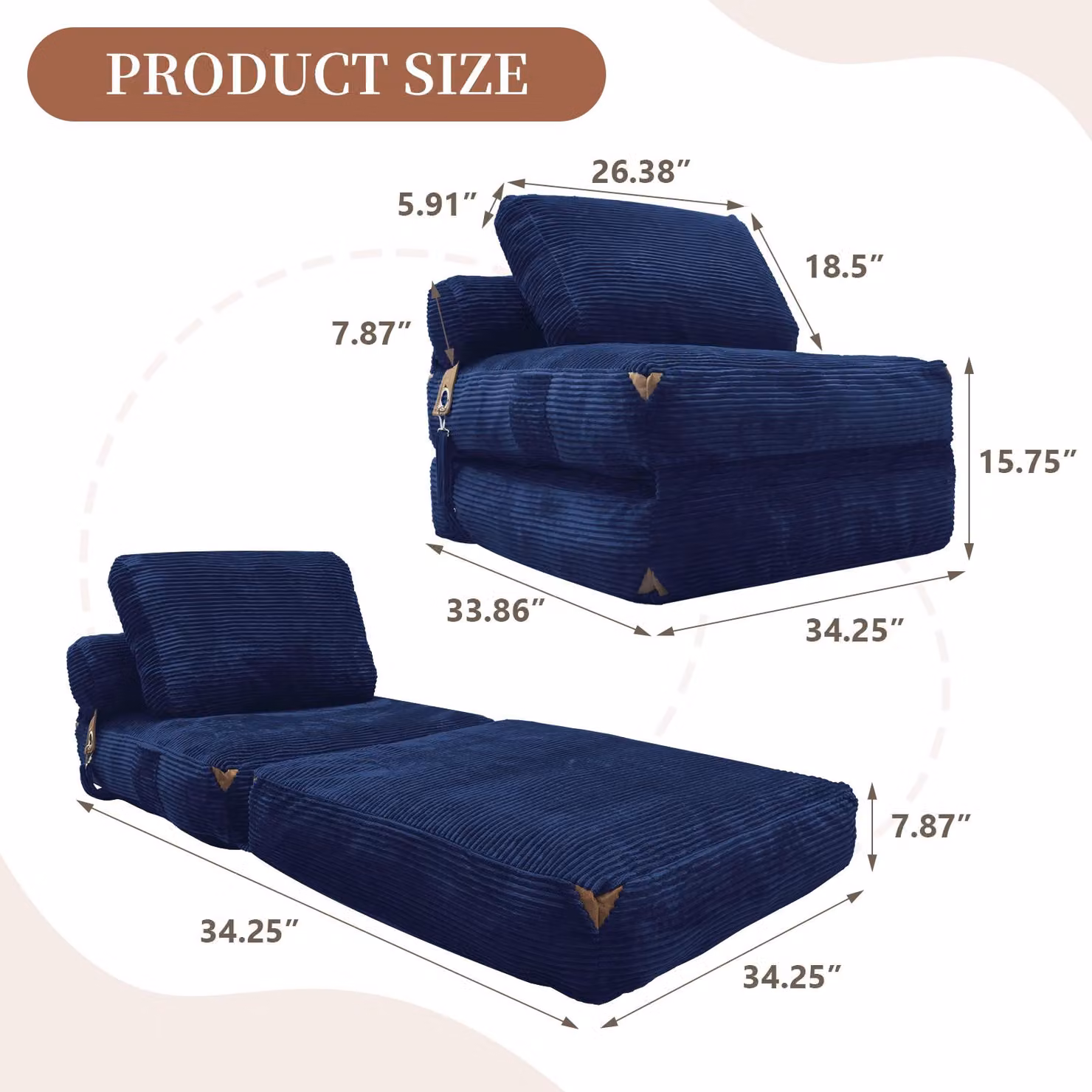 Aosom UK 3-in-1 Convertible Corduroy Floor Sofa Bed with Side Pockets, Blue, W/D/H: 87 x 86 x 40 cm – 3