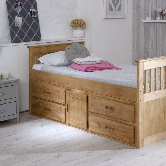 Captains TM Waxed Solid Pine Wooden Storage Bed Frame with Drawers, Brown, 90 x 190 cm