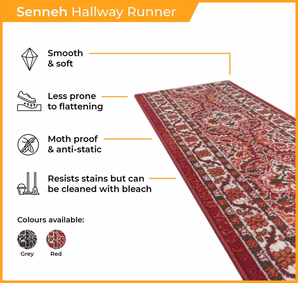 runrug Senneh Oriental Hallway Carpet Runner Rug in Red, W: 60 cm, L: 300 cm – 2