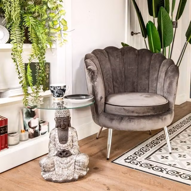 Madison & Mayfair Silver Sitting Buddha Side Table with Clear Glass Top, W/D/H: 43 x 43 x 48.5 cm – 1