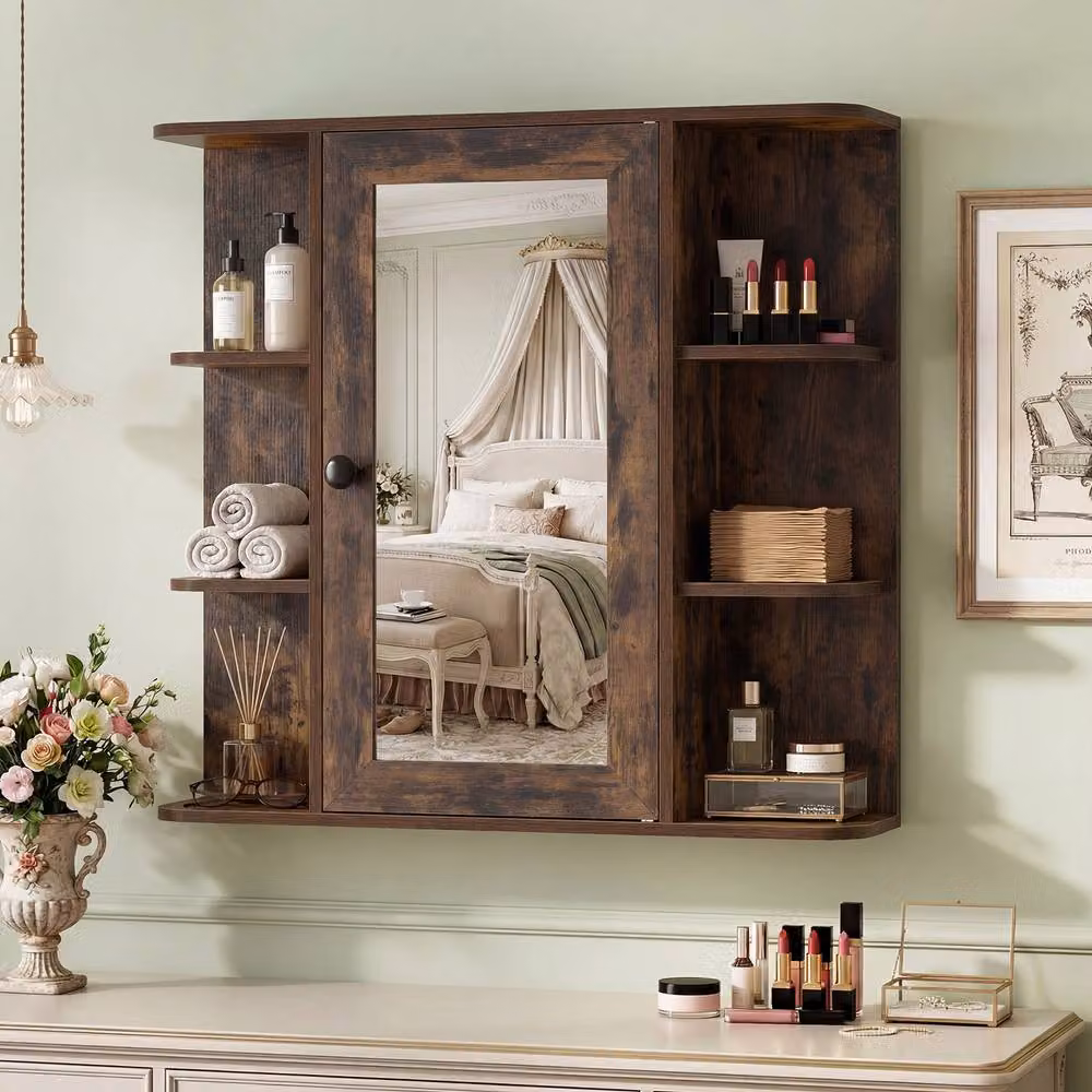 Gymax Wall Mounted Brown Modern Bathroom Medicine Cabinet with Mirror and Internal Shelves – 3