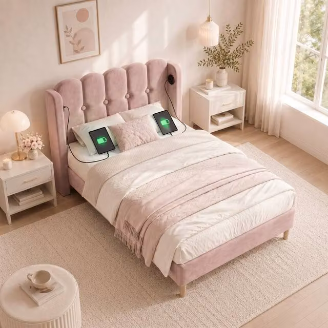 BTM Single Velvet Upholstered Bed in Pink with USB Charging Port and Wooden Slats, W/D/H: 90 x 190 x 103 cm – 1