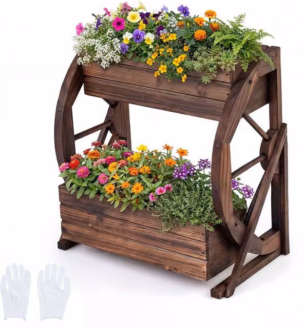 COSTWAY 2-Tier Rustic Wood Wagon Raised Garden Bed in Brown