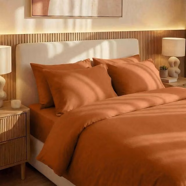 Bedable Double Bedding Bundle in Terracotta Cotton Sateen with 460 Thread Count, Duvet, and Pillows