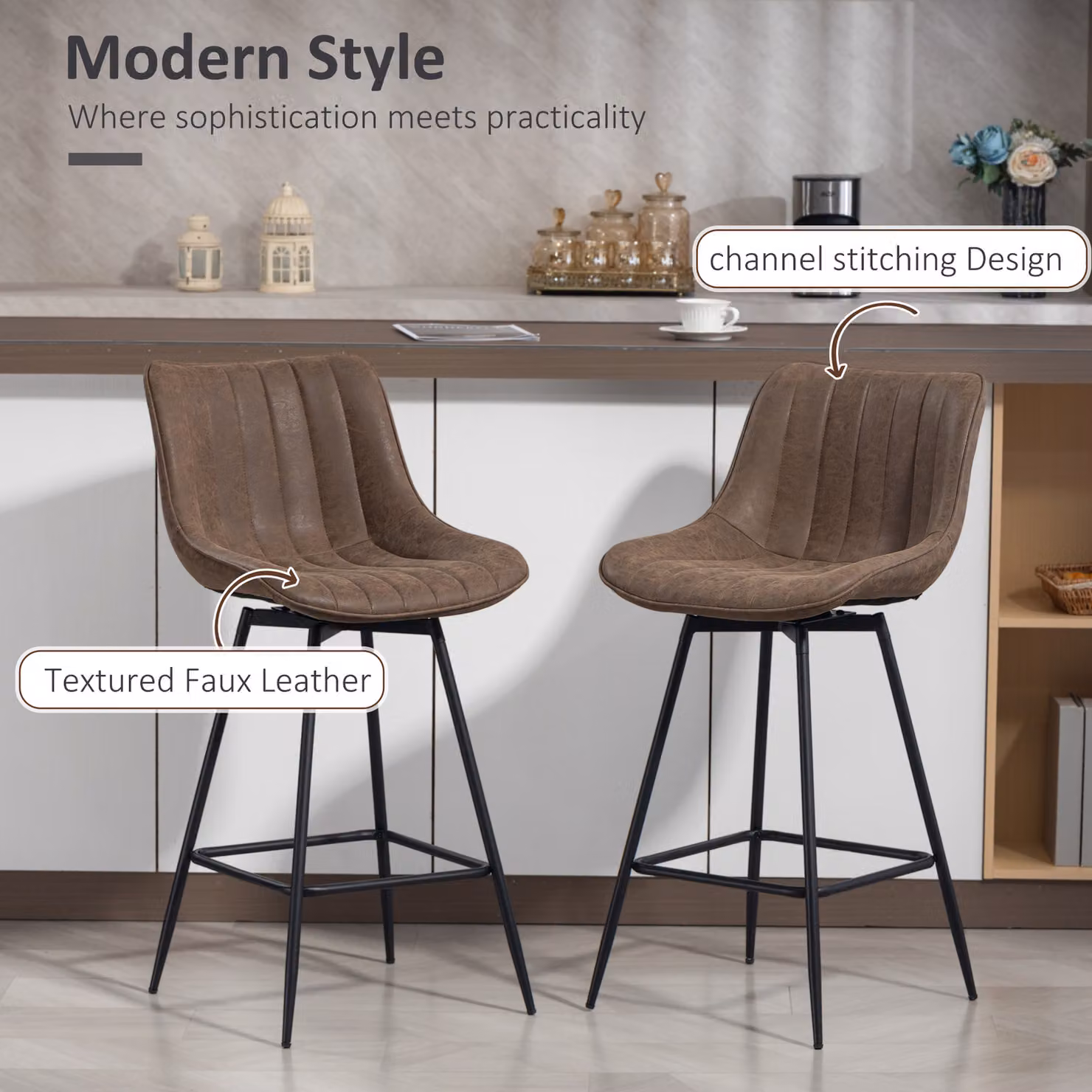 HOMCOM Set of 2 Brown PU Leather Swivel Bar Stools – 4