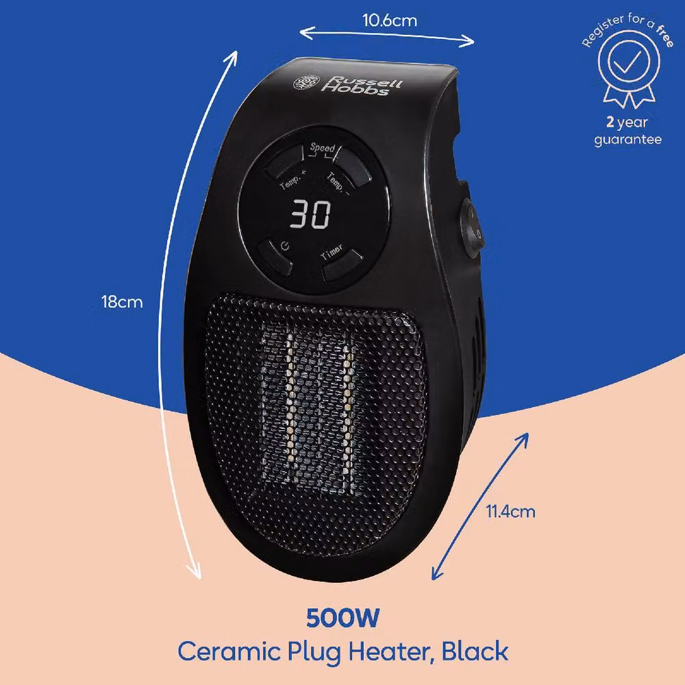 Russell Hobbs RHPH2001 Black Ceramic Fan Heater, 500W Wall Mounted with Timer and Light – 2
