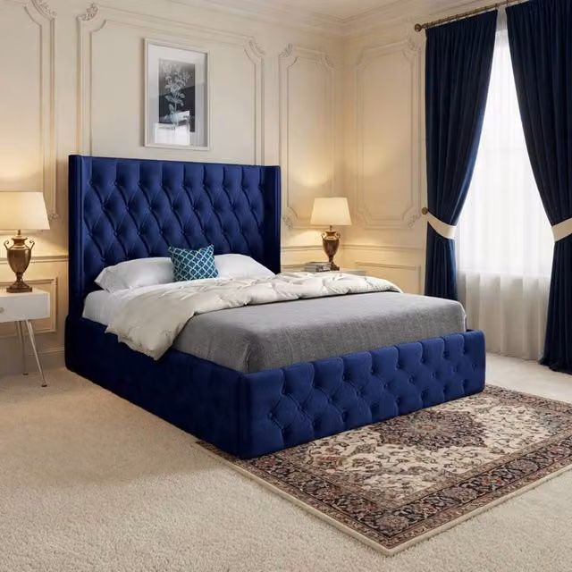 Casani Swinton Single Upholstered Velvet Bed Frame in Blue, W/D/H: 90 x 190 cm – 1