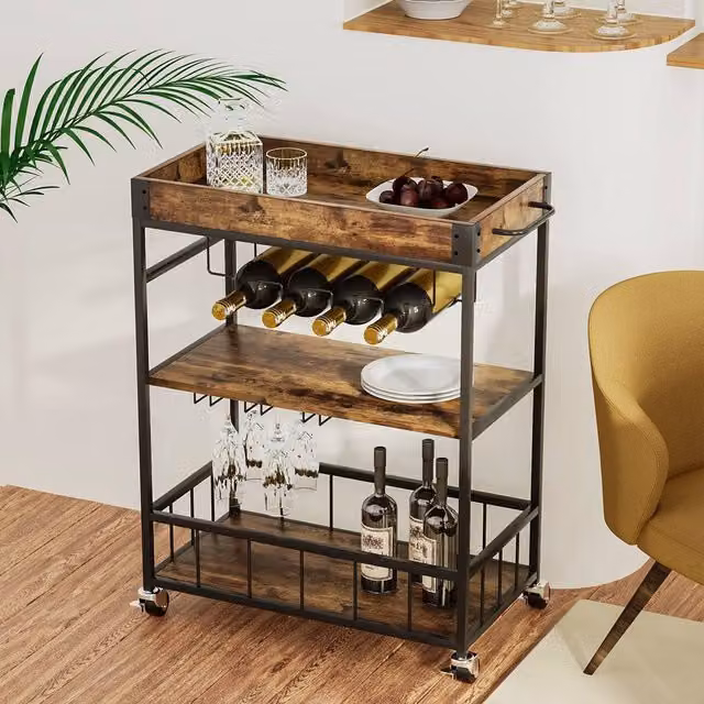 Huhote 3-Tier Industrial Bar Cart with Wine Rack and Handle Serving Trolley in Brown