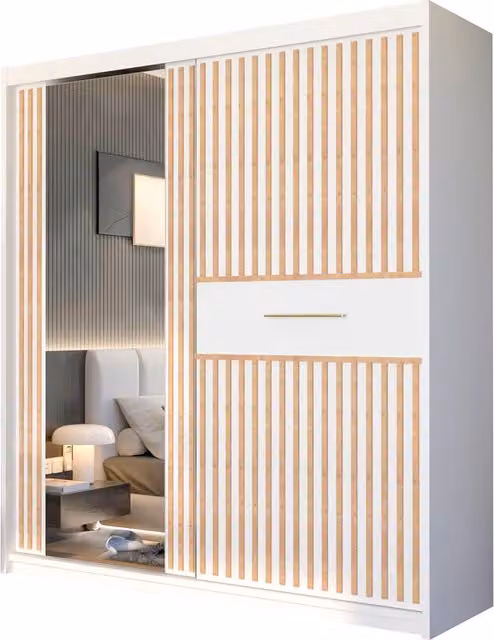 4u Luzon Sliding Wardrobe with Oak Trim in White, H 203 cm x W 150 cm